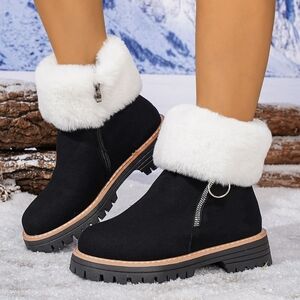 Women's Fuzzy Black and White Fur-Lined Ankle Boots